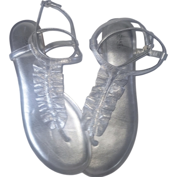 Michael Kors Silver Leather Bella Wrinkled Adjustable Ankle Strap Sandals 8M - Picture 1 of 8